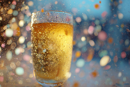 glass of beer with water drops on the background of bokehの素材