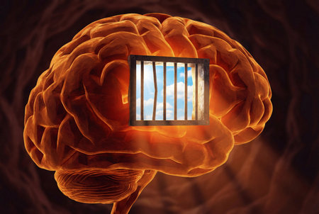 Human brain with prison window. 3D illustration. Mental health conceptの素材
