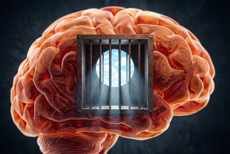 Human brain with prison cell on dark background. 3D Renderingの素材
