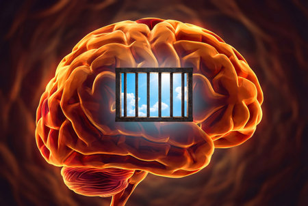 Human brain with prison bars on the wall. 3D illustration.の素材