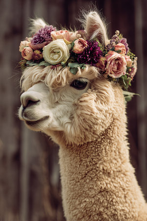 Alpaca with a wreath of flowers on his head.の素材
