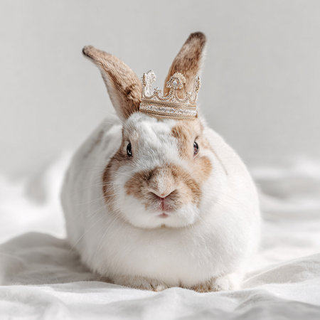 Cute little rabbit wearing a crown on a white background. Place for text.の素材
