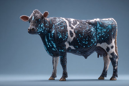 Digital illustration of a cow with blue lights, 3d rendering.の素材