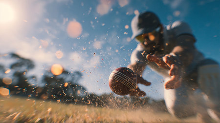 Cricket player catching the ball on the field during sunset.の素材