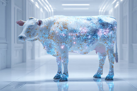 Digital composite of hologram cow in white room. 3d renderingの素材