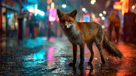 Red fox standing on the wet street at night in the rain.の素材