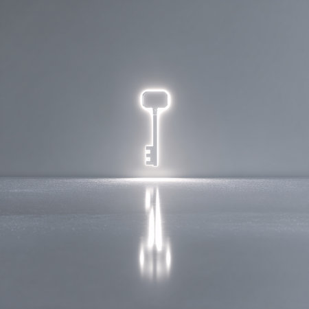 Key in front of a wall with reflection. 3D rendering.の素材