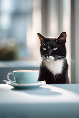 A black and white cat sitting at a table with a cup of coffeeの素材