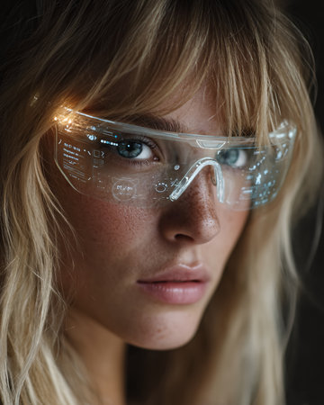 Close-up portrait of young woman with futuristic glasses. Technology concept.の素材