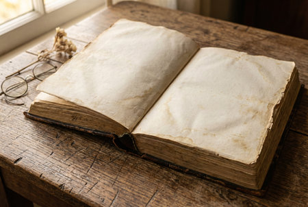 Old book on a rustic wooden table with eyeglasses and booksの素材