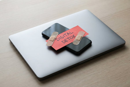 Laptop with sticky note and digital phone on wooden table background.の素材