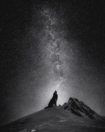 Silhouette of a wolf in the mountains against the starry skyの素材