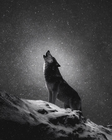 wolf howling at the night starry sky. 3d renderingの素材