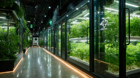 Greenhouse with green plants and neon lights in hothouse.の素材