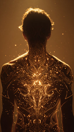 Tattoo art. Woman body with glowing tattoos on her bodyの素材