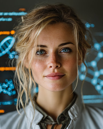 Portrait of young female scientist with DNA structure on the background.の素材