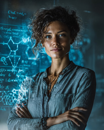Portrait of a female scientist standing in front of a blackboardの素材