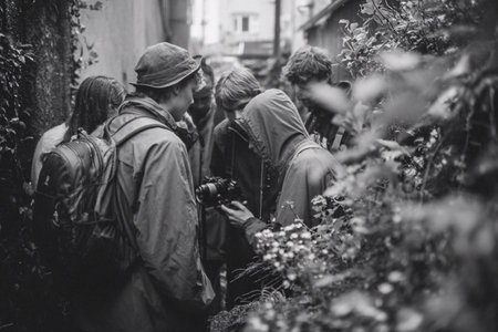 Photographer taking a picture of a group of friends in the cityの素材