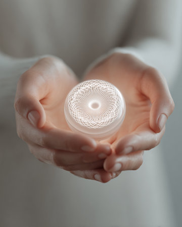 Female hands holding a glowing light bulb in the shape of a circleの素材