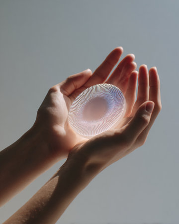 Woman's hands holding a crystal ball on a gray background. Alternative medicine concept.の素材