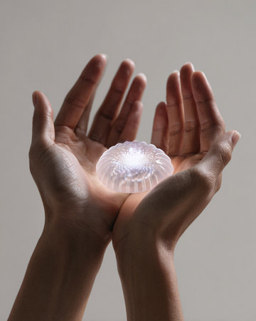 Closeup of female hands holding a transparent jellyfish on gray backgroundの素材