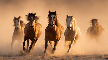 Wild horses running in the dust in the morning light, herd of horsesの素材