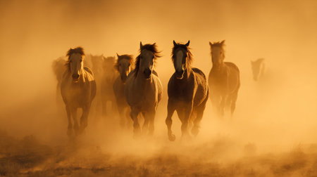 Herd of horses running in the foggy meadow at sunsetの素材