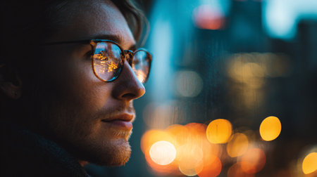 Close up portrait of a handsome young man wearing eyeglasses and looking through the window.の素材