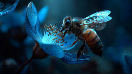 Honeybee collecting pollen from a blue flower. Macro shot.の素材