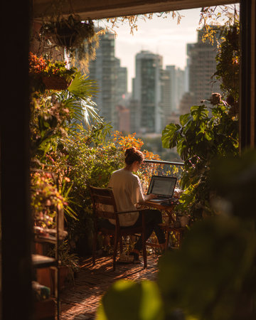 Woman working on a laptop sitting on a terrace with a view of the cityの素材