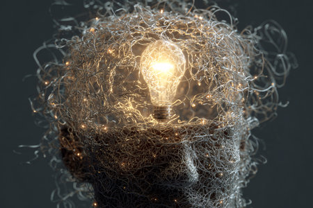 Human head with glowing light bulb on dark background. Idea and innovation conceptの素材