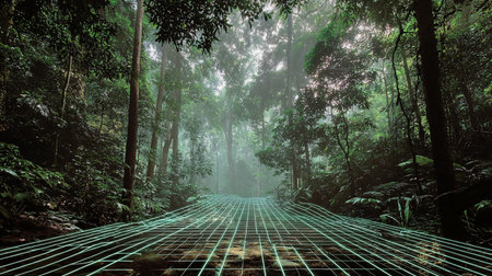 3d rendering of a wireframe corridor in a tropical forest.の素材