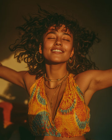 Portrait of a beautiful young woman with afro hairstyle and makeupの素材