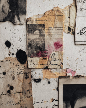 Old postcards on the wall as a background. Collage.の素材