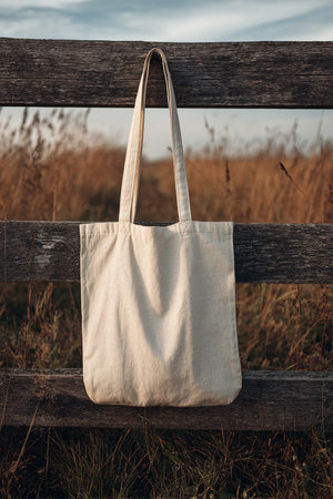 White cotton bag on a wooden fence in the field. Eco concept.の素材