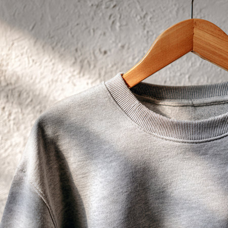 Grey cotton t-shirt on wooden hanger on white wall backgroundの素材
