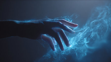 Man's hand with glowing blue light on dark background. 3D renderingの素材