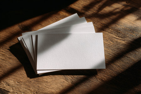 Blank business cards on wooden background. Mockup for branding identity.の素材