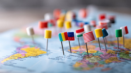 Colorful pins with flags on world map. Selective focus.の素材