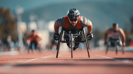Disabled man in wheelchair running on track. Disabled sport concept.の素材