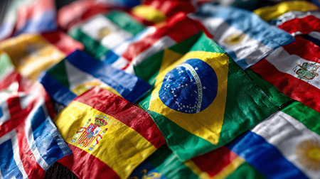Close-up of flags of Brazil and Central African Republic on dark backgroundの素材