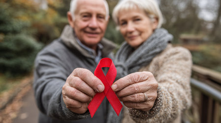 Senior couple with red ribbon showing symbol of AIDS awareness in autumn parkの素材