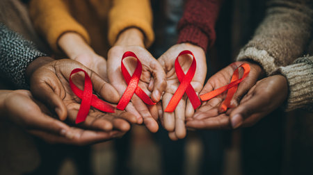 World AIDS Day concept. Close up of senior people hands holding red ribbon.の素材
