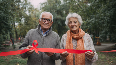 Senior couple with red ribbons in the park. Elderly couple with red ribbon.の素材