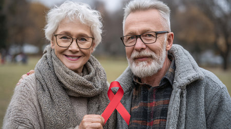 Portrait of senior couple with red ribbon in park. Cancer conceptの素材