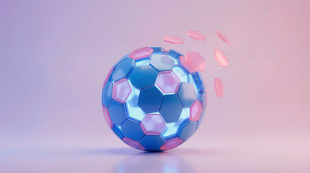 3d rendering of a blue soccer ball on a pink background.の素材