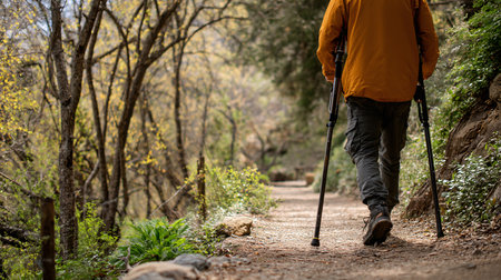 Nordic walking in the forest. Hiking in the mountains.の素材
