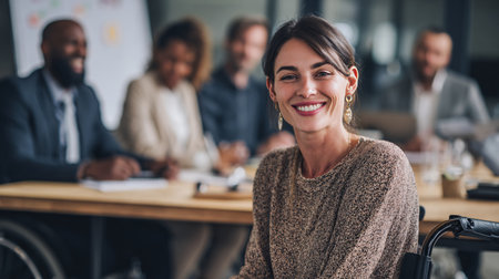 Smiling businesswoman sitting in wheelchair in office with colleagues in backgroundの素材