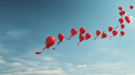Red balloons with ribbons flying in the blue sky. 3d renderingの素材