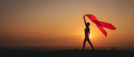 Silhouette of a woman holding a red ribbon on the background of a beautiful sunsetの素材